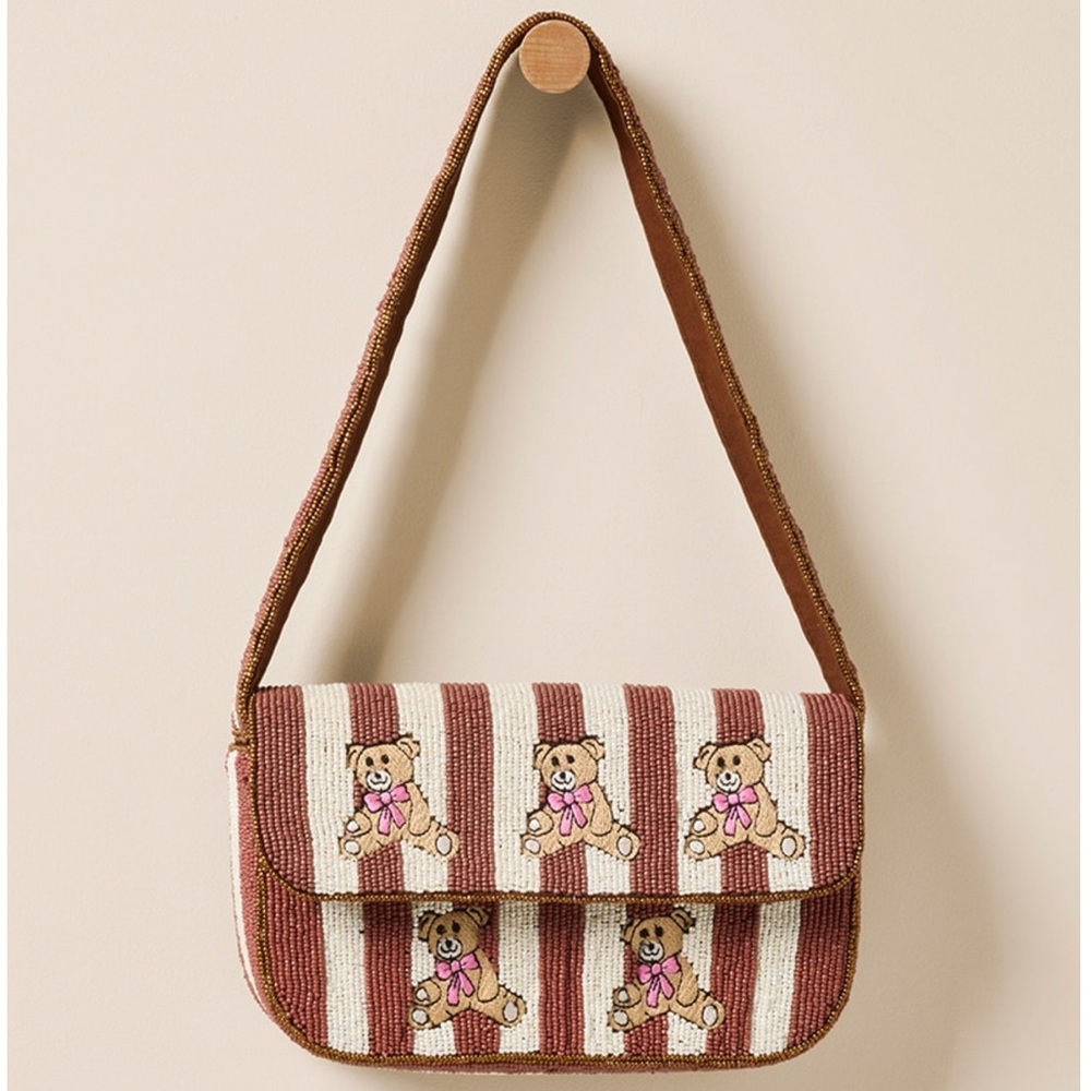 Viral Beaded Shoulder Bag Brown Stripe Coquette Teddy Bear Bow Theme NWT